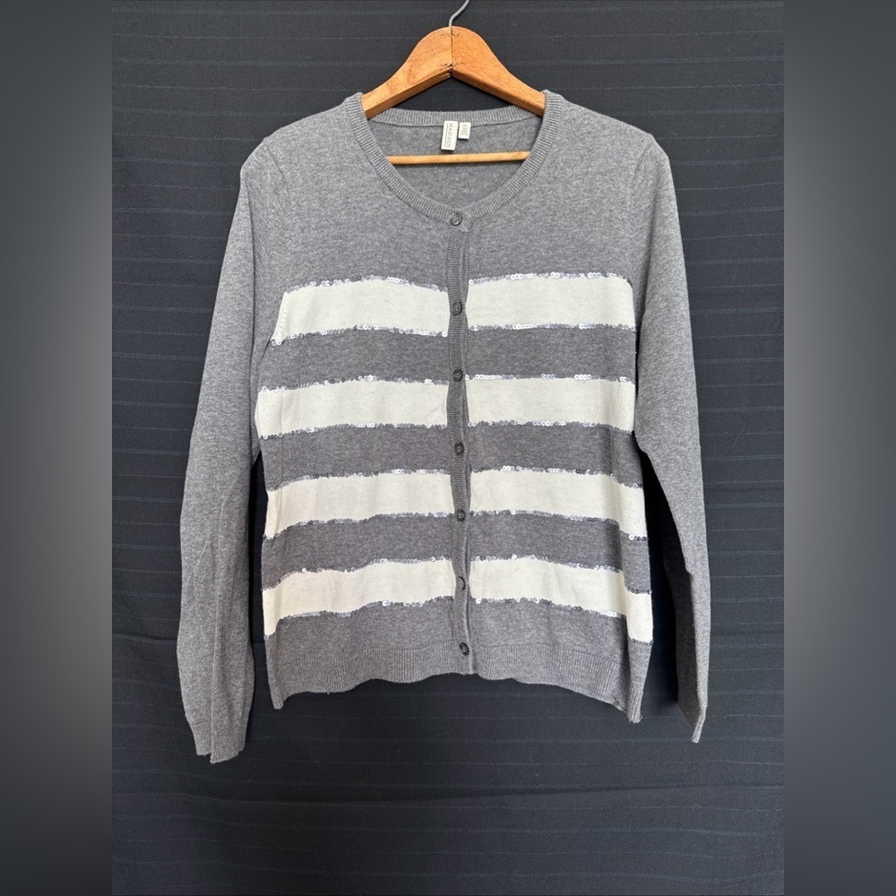Madison Womens Long Sleeve Gray and Ivory Stripe Sequins Cardigan Sweater XL